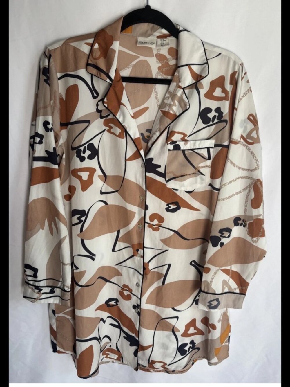 Rachel Zoe Women’s Blouse Medium Brown Tan Black Abstract Button Up Long Sleeve